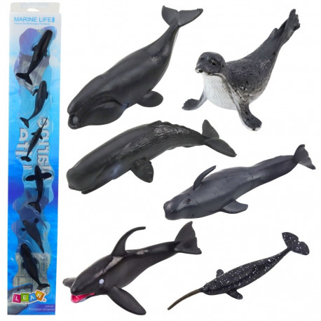 Mereloomade miniatuurfiguuride komplekt, mõõkvaal, hüljes ja delfiin, 6–8cm, 6tk