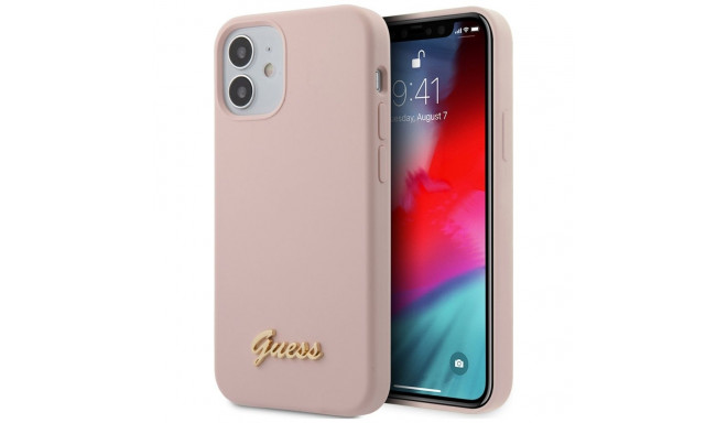 Guess GUHCP12SLSLMGLP iPhone 12 mini 5.4" hele roosa kõvakaaneline silikoonümbris kuldse logoga