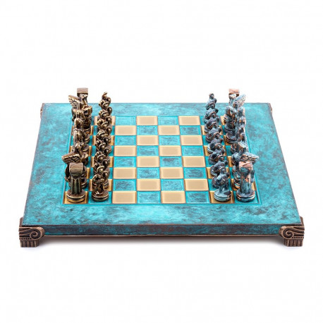 Chess Set - Manopoulos Spartan Warrior Metal with 28cm Board Bronze/Blue