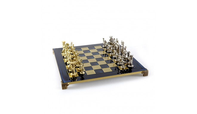 Chess Set - Manopoulos Greek Roman Metal with 44cm Board, Wooden Case, Blue