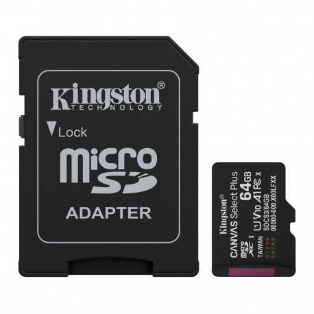 Kingston mälukaart microSDXC 64GB Canvas Select Plus Gen3 100MB/s A1 + adapter