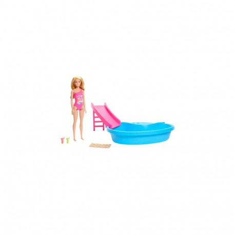 Barbie Doll and Pool Playset, Blonde with Pool, Slide, Towel and Drink Accessories