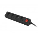 Power strip 1.5m, black, 4 sockets, with switch, cable made of solid copper