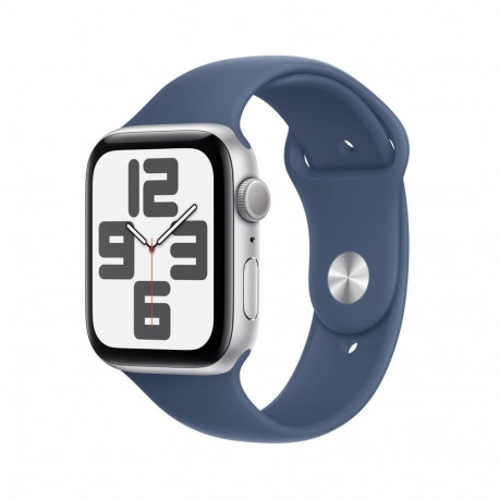 Apple Watch SE GPS 44mm hõbedane alumiiniumkorpus teksasinine spordirihm S/M
