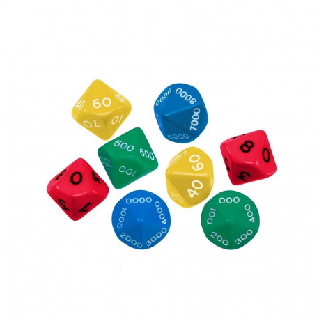 Täringute komplekt, ühelised, kümnelised, sajalised, tuhandelised, 8 tk