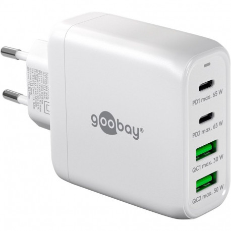 goobay USB-C multiport quick charger, PD, GaN, 68 watts (white, 2x USB-C, 2x USB-A, Power Delivery, 