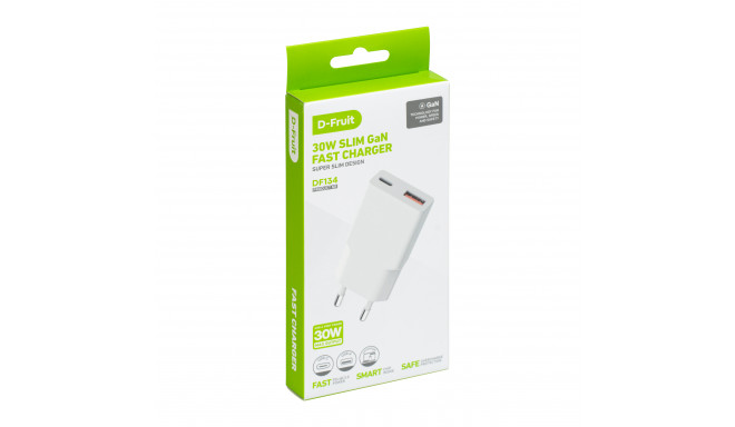D-Fruit laadija 30W USB-A/USB-C DF134, valge