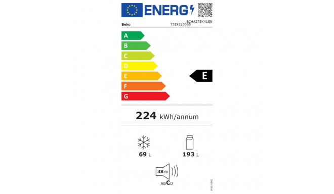 BEKO külmik BCHA275K41SN energiatõhususklass E integreeritud kombi kõrgus 177.5 cm No Frost süsteem 