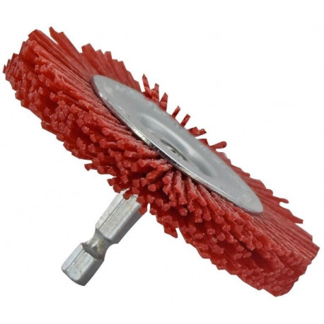 Wheel brush for drill, red abrasive filament, wood stripping, 75mm