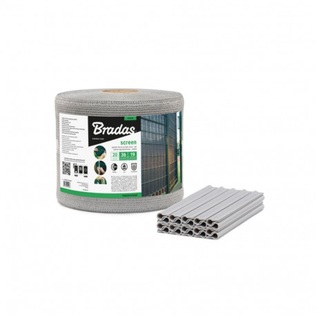 Garden fencing screen strip 19cmx36m, 200 g/m2, mesh + clips 20pcs, light gray