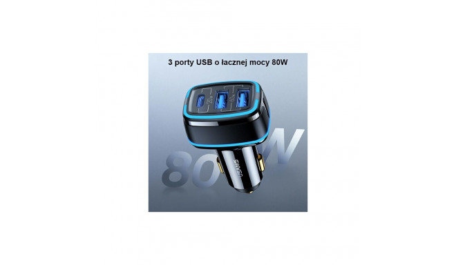 USAMS Car Charger 2xUSB + 1xUSB-C C24 80W (head only) Fast Charge black CC126TC01 (US-CC126)