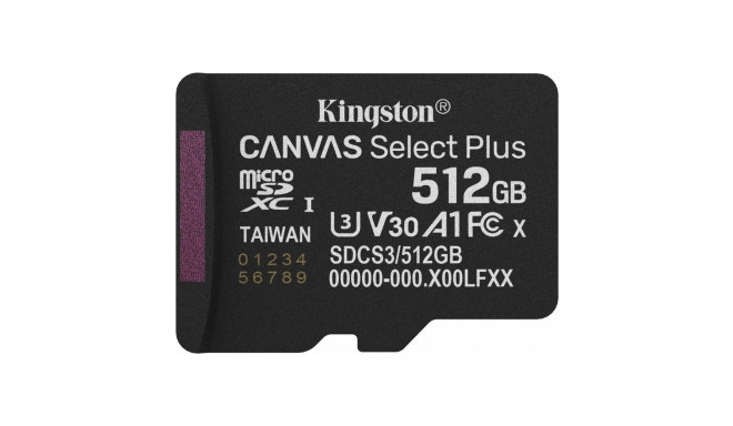 KINGSTON 512GB micSDXC Canvas Select Plus Gen3 150R A1 Single Pack w/o ADP