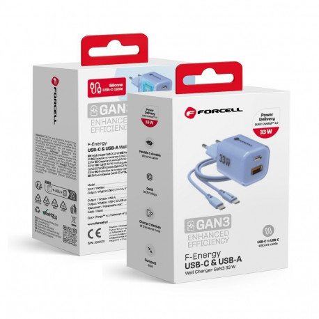 Phone charger Forcell F-Energy GaN III Crystal Color USB C + USB A QC4.0 PD 33W + silicone cable USB