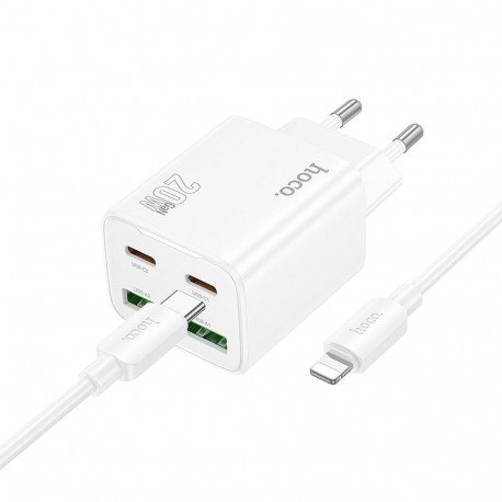 Phone charger Hoco 2 x USB C + 2 x USB A QC3.0 PD 3A 20W + cable USB C to Lightning N55 biała