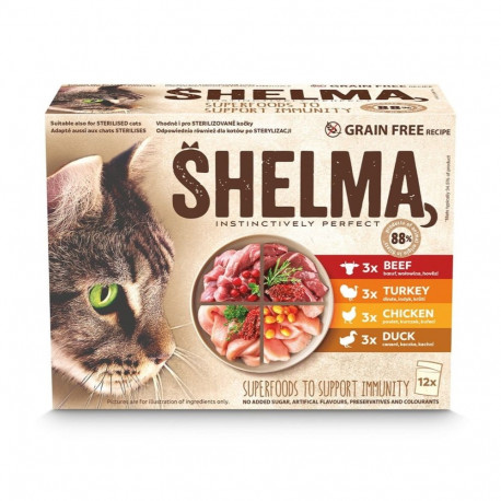 SHELMA kalkuni-, pardi-, kana- ja veiselihaga kastmes märg kassitoit 12x85g