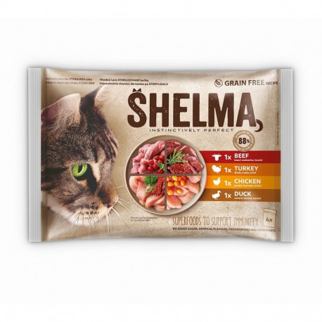 SHELMA rikkalik kanaliha, kalkuni, veiseliha ja pardiga märg kassitoit 4x85g