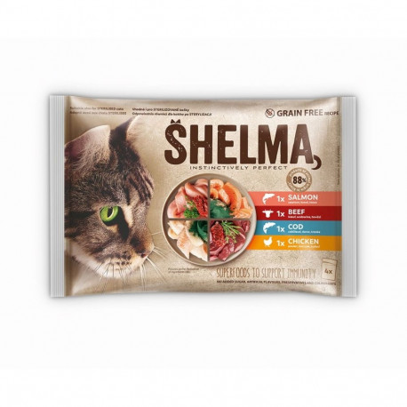 SHELMA lõherikas, tursk, veiseliha ja kanaga märg kassitoit 4x85g