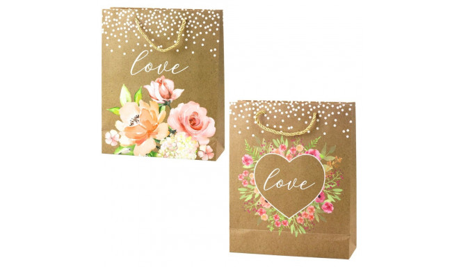 Torba Prezentowa Napis Love Kwiaty Brokat 32 x 26 x 10 cm