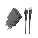 HOCO N38 slim charger USB A+ USB C with Type C to Lightning cable PD QC3.0 0.3A 20W black