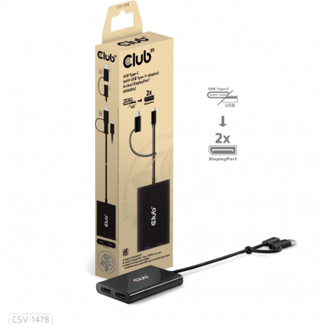 "Club3D Adapter USB-C (USB A Adapter) > 2x DP 4K@60Hz St/Bu"