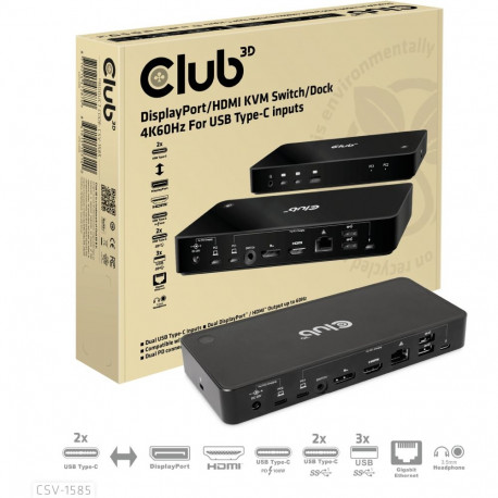 "Club3D KVM Switch 4K60Hz 2x USB-C> HDMI/DP/3xUSB/2xUSB-C/LAN"