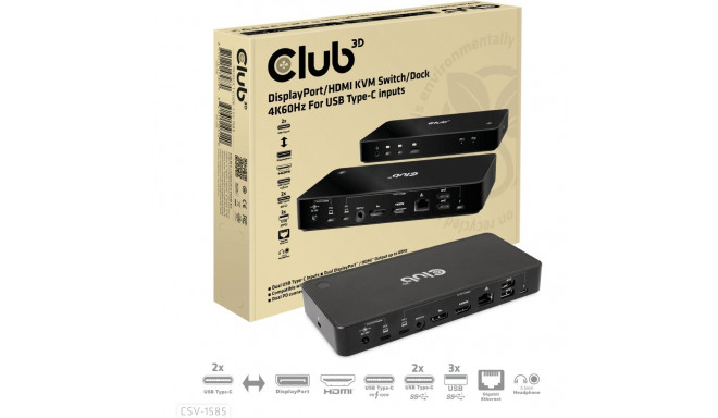 "Club3D KVM Switch 4K60Hz 2x USB-C> HDMI/DP/3xUSB/2xUSB-C/LAN"