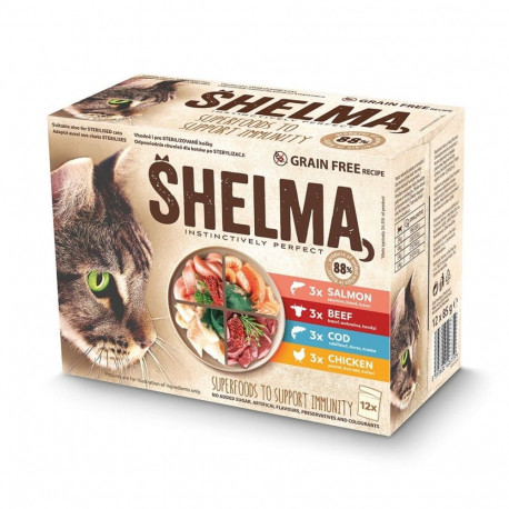 SHELMA lõhe, tursa, kana ja veiselihaga kastmes märg kassitoit 12x85g