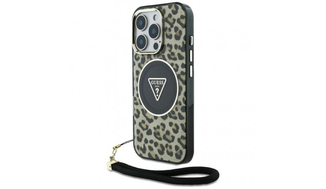Guess HC IML Leopard Triangle Cord Strap MagSafe Case for iPhone 16 Pro - Brown