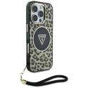Guess HC IML Leopard Triangle Cord Strap MagSafe Case for iPhone 16 Pro - Brown