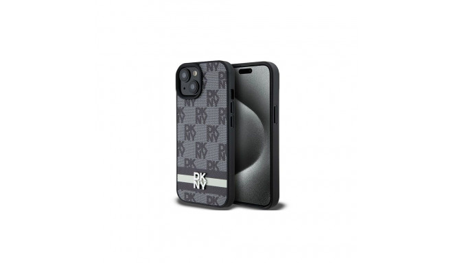 DKNY Leather Checkered Mono Pattern & Printed Stripes Case for iPhone 15 Plus / 14 Plus - Black