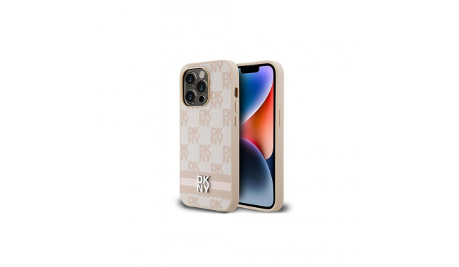 DKNY Leather Checkered Mono Pattern & Printed Stripes case for iPhone 14 Pro - pink