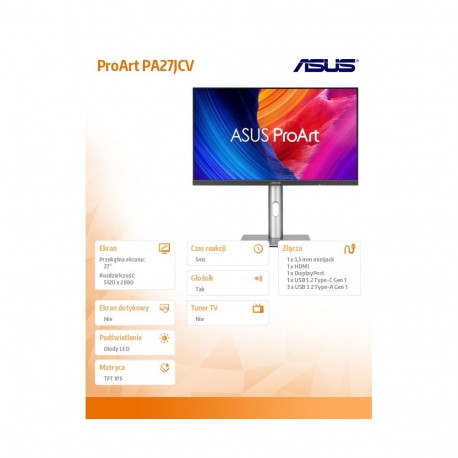 27-tolline monitor PA27JCV 5K IPS USB-C DP HDMI KVM 100%sRGB HDR500 PIVOT 0-130MM
