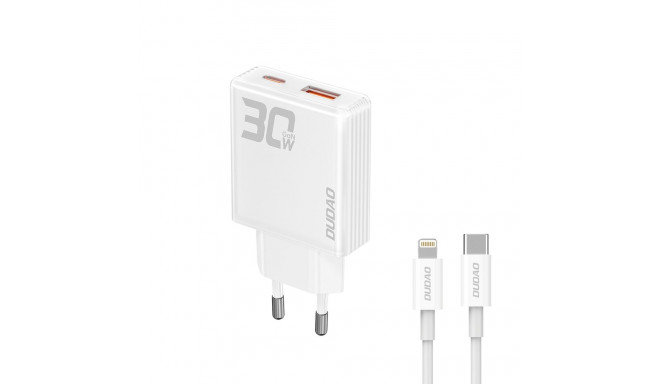 GaN Dudao A30EUL 30W USB-A / USB-C Wall Charger + USB-C - Lightning Cable - White