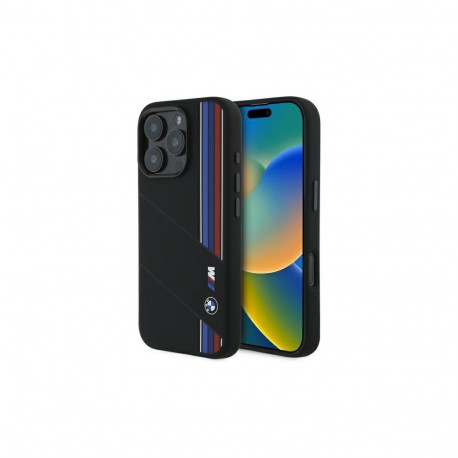 BMW Silicone Cut Tricolor Lines MagSafe Case for iPhone 16 Pro - Black