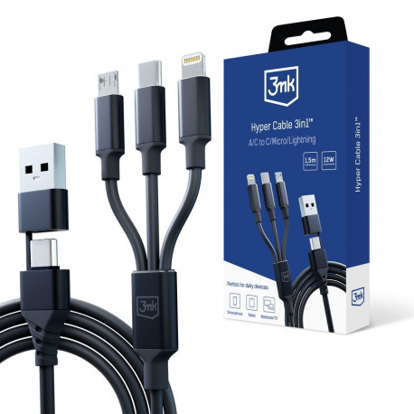 3mk cable Hyper Cable 3in1 USB-A/USB-C - USB-C/microUSB/Lightning 1.5m, black