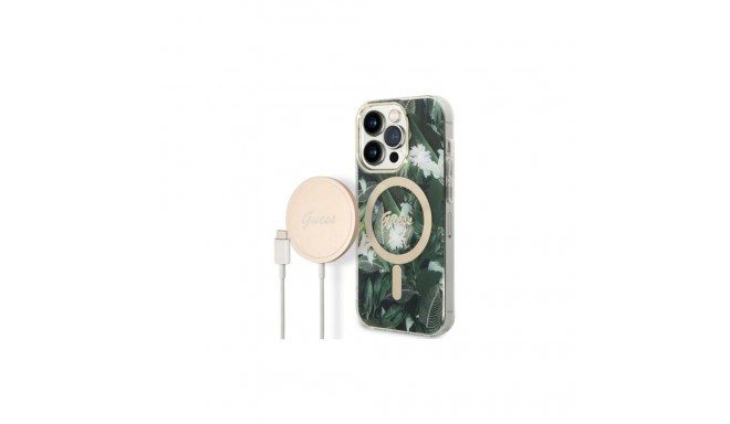 Set Guess GUBPP14LHJEACSA Case+ Charger iPhone 14 Pro 6.1" green/green hard case Jungle MagSafe