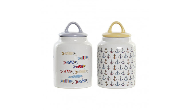 Tin DKD Home Decor White Multicolour Stoneware Mediterranean (2 Units)