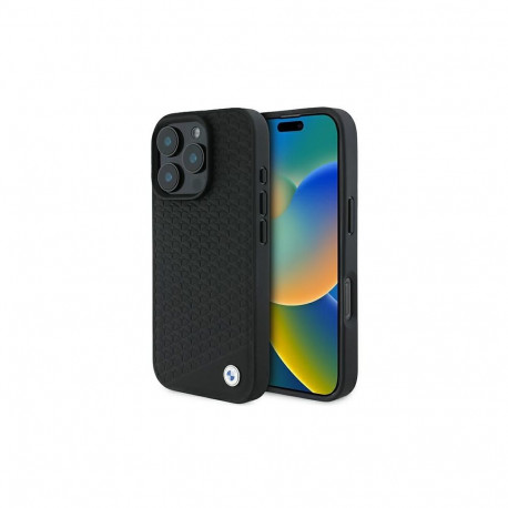 BMW Signature Leather Diamond Metal Logo MagSafe Case for iPhone 16 Pro Max - Black