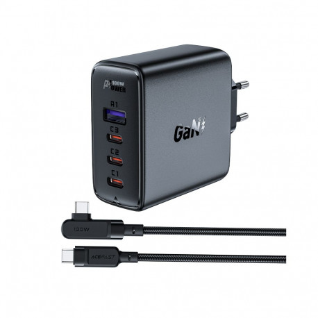 Acefast fast charger GaN 3xUSB-C/1xUSB-A 100W black + angled cable USB-C - USB-C 100W 2m black