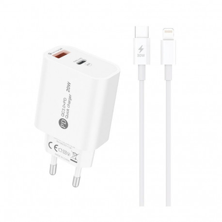 A6MaxL 20W USB-A USB-C Wall Charger with 1m USB-C - Lightning Cable - White