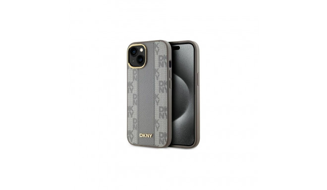 DKNY Leather Checkered Mono Pattern MagSafe iPhone 15 Plus Case - Beige