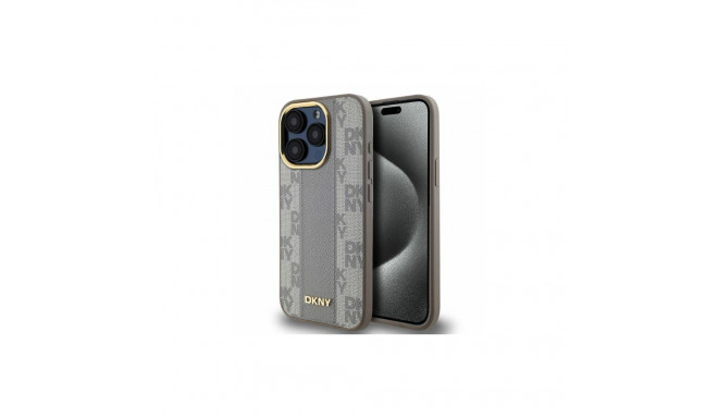 DKNY Leather Checkered Mono Pattern MagSafe iPhone 15 Pro Case - Beige