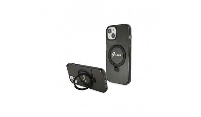Guess Ring Stand Script Glitter MagSafe case for iPhone 14 / 15 / 13 - black