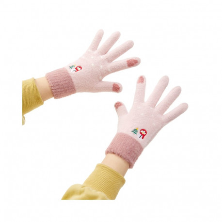 Women's winter telephone gloves with a snowman and a Christmas tree - pink