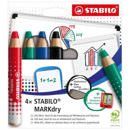 Tahvlimarker puidust STABILO MARKdry, südamik 10mm, teritatav, 4 värvi +lapp ja teritaja, PEFC