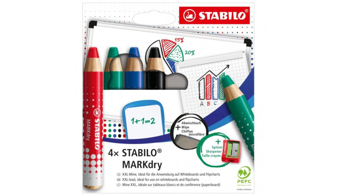 Tahvlimarker puidust STABILO MARKdry, südamik 10mm, teritatav, 4 värvi +lapp ja teritaja, PEFC