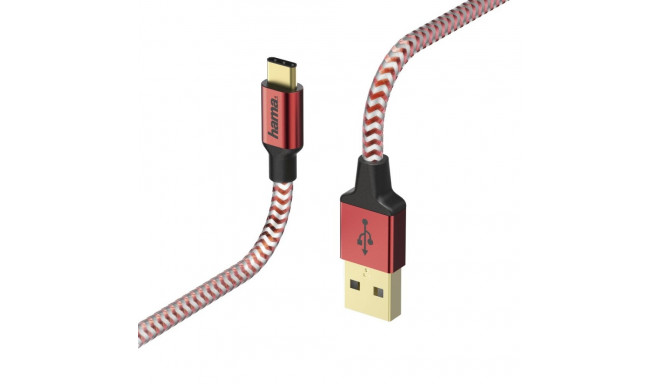 USB-kaabel Hama USB3.0 Type-C pistik (USB3.1 Gen1) punane nylon, 1.5m topeltvarjestus, kullatud kont