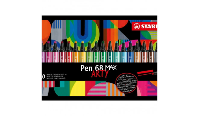 Viltpliiatsid Stabilo ARTY Pen 68 MAX, 1-5 mm lõigatud ots, akvarellitav, 20 värvi metallkarbis