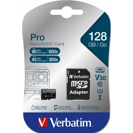 Mälukaart Secure Digital Verbatim MicroSDXC 128GB Pro Class10 UHS-I U3 r90MB/sec w45MB/sec + SD-adap
