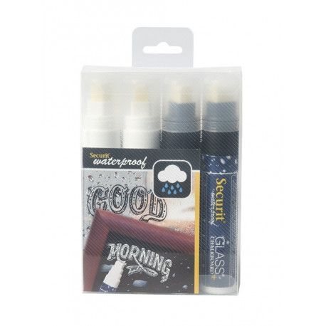 Tahvlimarkerid SECURIT Waterproof, kriidi-ja klaastahvlile 7-15mm, pakis 2 valget ja 2 musta/ 4 tk k